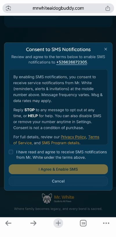 Step 2 — standalone unchecked consent checkbox before SMS is enabled