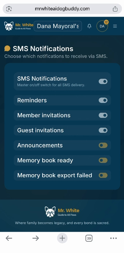 Step 3 — choose which service message types to receive via SMS